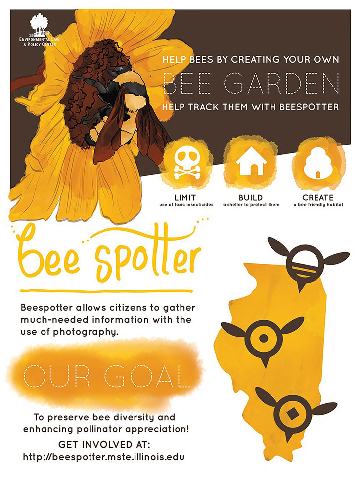 Poster entitled 'Help Bees by Creating Your Own Bee Garden - Help Track them With BeeSpotter.' The poster lists 3 features of a successful bee garden as: 'Limit user of toxic insecticides, Build a shelter to protect them, and Create a bee friendly habitat.' The poster also describes BeeSpotter as follows: 'BeeSpotter allows citizens to gather much-needed information with the use of photography. Our goal: to preserve bee diversity and enhancing pollinator appreciation! Get involved at: http://beespotter.org'